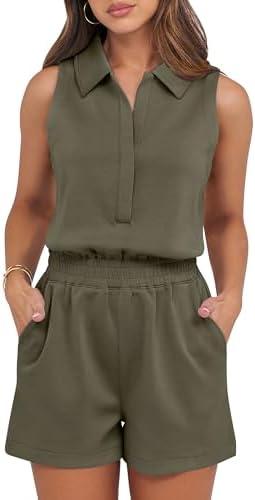 ANRABESS Romper for Womens 2025 Summer Dressy Casual Sleeveless V Neck One Piece Short Jumpsuit Lounge Travel Outfits Clothes, M