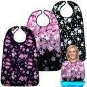 Adult Bibs,3 Packs Cherry Blossom Adult Bibs for Women Eating Washable with Crumb Catcher (Black Pink 3 pack)