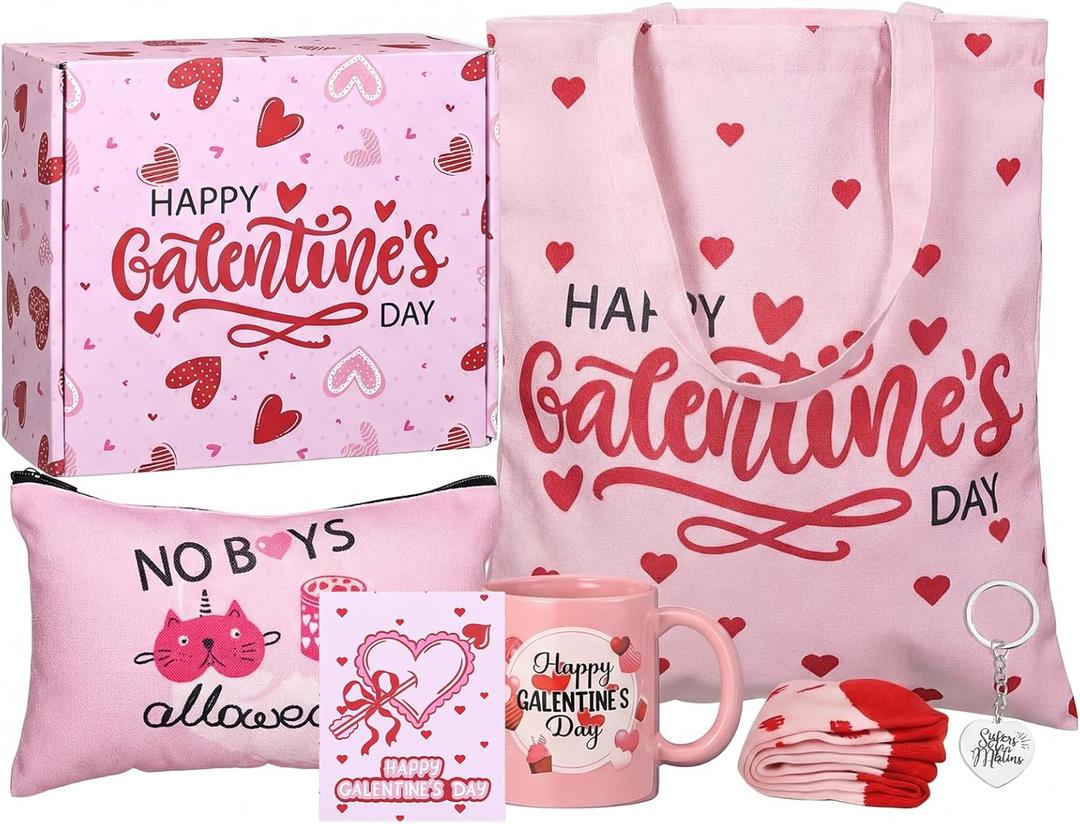 Qinyoung 7 Pcs Galentine's Day Gifts Set for Women Include Mug Cup Tote Bag Makeup Bag Socks Keychain Greeting Card with Box Gift Ideas Ladies Celebrating Ladies BFF Bestie Galentine Party Favors