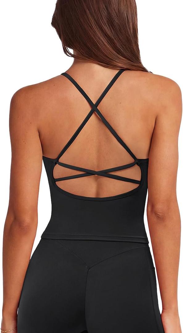 SUUKSESS V Neck Padded Longline Sports Bras Workout Open Back Tank Tops, Large