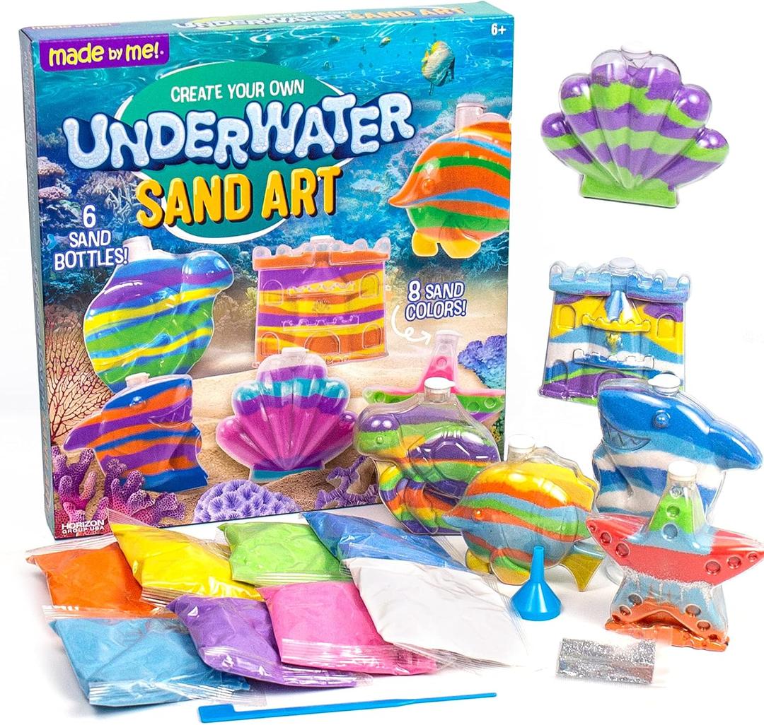 Made By Me Create Your Own Underwater Sand Art, Includes 6 Ocean-Themed Bottles, 8 Sand Colors, Glitter, & Funnel, Great Staycation or Group Activity, Party Idea, DIY Sand Art For Kids Ages 6, 7, 8, 9, Large