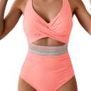 B2prity One Piece Swimsuit for Women Tummy Control V Neck Bathing Suit Color Block High Waisted Cutout Swimwear (Large, Pink)