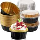 100 Pcs 8 oz Aluminum Foil Cup with Lids Disposable Ramekins with Lids Disposable Ramekin Baking Cups Foil Cupcake Containers for Wedding, Christmas, Kitchen, Party (Black, Gold, 8 oz)