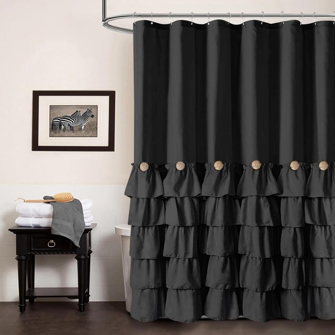 Seasonwood Black Ruffle Shower Curtain Farmhouse Style Black Fabric Shower Curtain Nature Button Shabby Chic Ruffles and French Country Style 7272