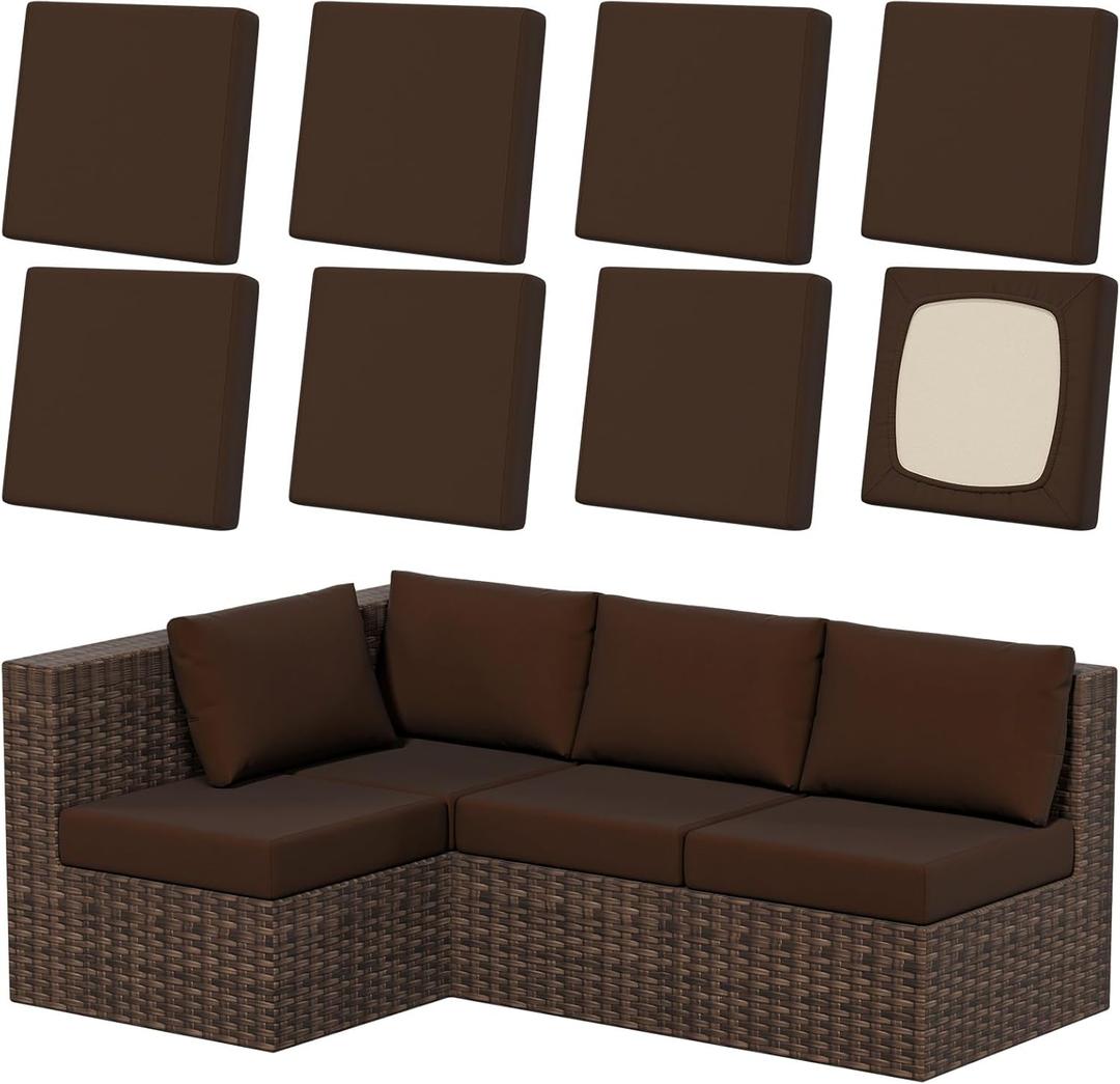 8Pcs Patio Stretch Cushion Covers, Outdoor Couch & Sofa Replacement Slipcovers for Patio Furniture Cushion Covers, Washable Reusable Furniture Protector, Square Large, Dark Coffee