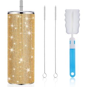 Tessco Bling Tumbler Cups Rhinestones with Straw Glitter Water Bottle Stainless Steel Straw Tumbler Insulated Bling Cup with Lid Brush for Teacher Graduation Season Gifts(20 oz,Gold)