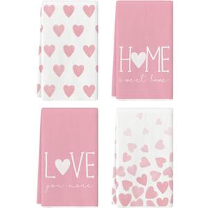 Artoid Mode Pink Heart Love Valentine's Kitchen Towels Dish Towels, 18x26 Inch Farmhouse Anniversary Wedding Decoration Hand Towels Set of 4