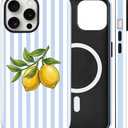 Magnetic for iPhone 16 Pro Case Cute Lemon Stripes Phone Case, Shockproof Slim TPU and Hard PC Protective Phone Cover Compatible with MagSafe Designed for Women Girls, Blue
