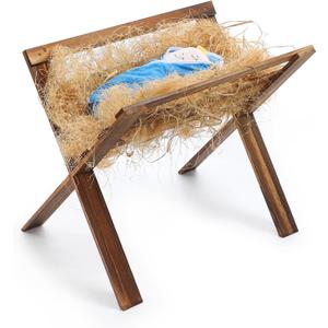 Jumbo Large Jesus in Wooden Manger Religious Christmas Decorations Manger 23.6 Inch Nativity Scene Nativity Cradle Backdrop Accessory for Indoor Outdoor Home Decor