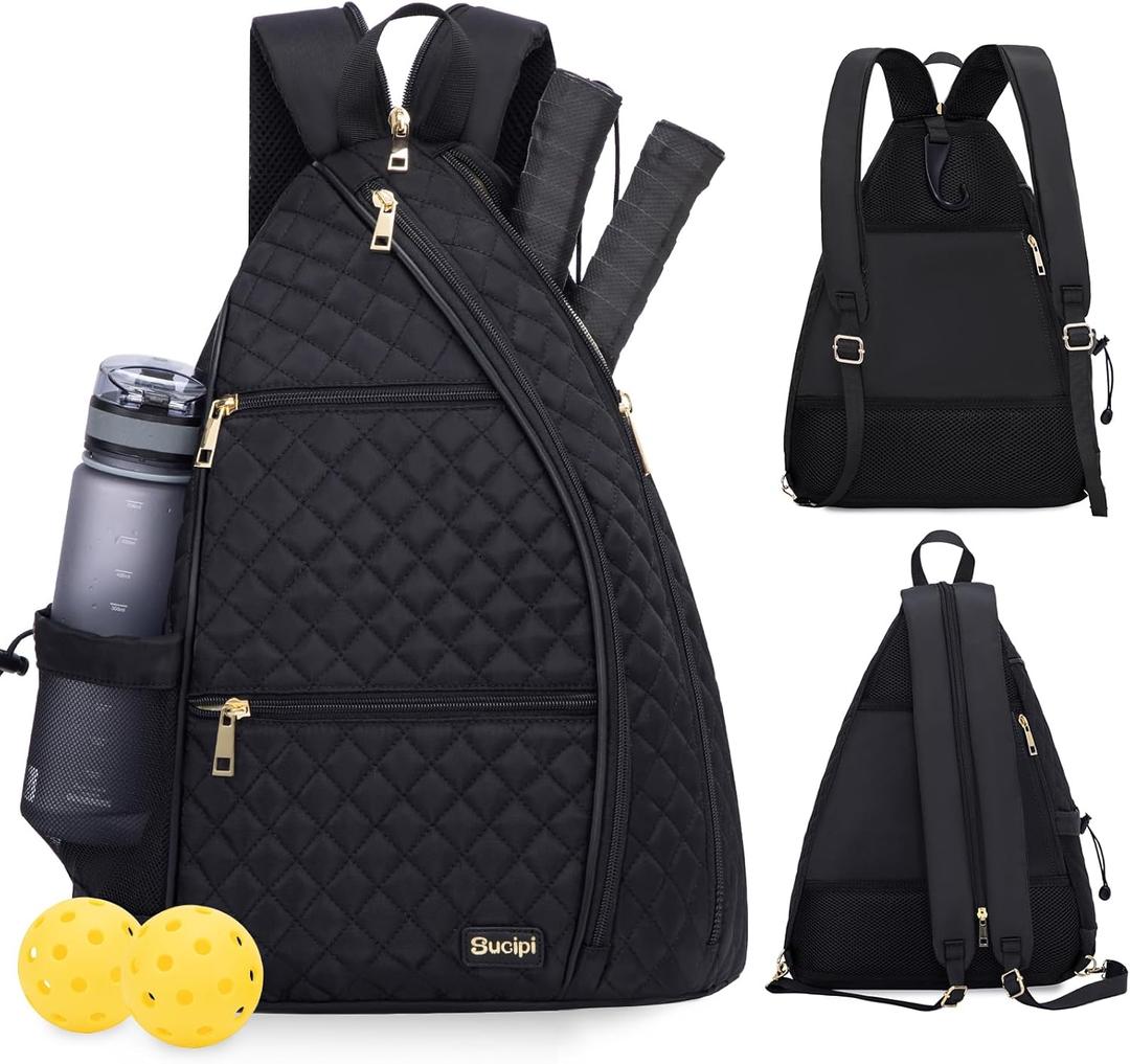 Sucipi Women's Pickleball Backpack - Quilted Crossbody Sling Bag for Tennis & Pickleball Paddle (Medium, Black)