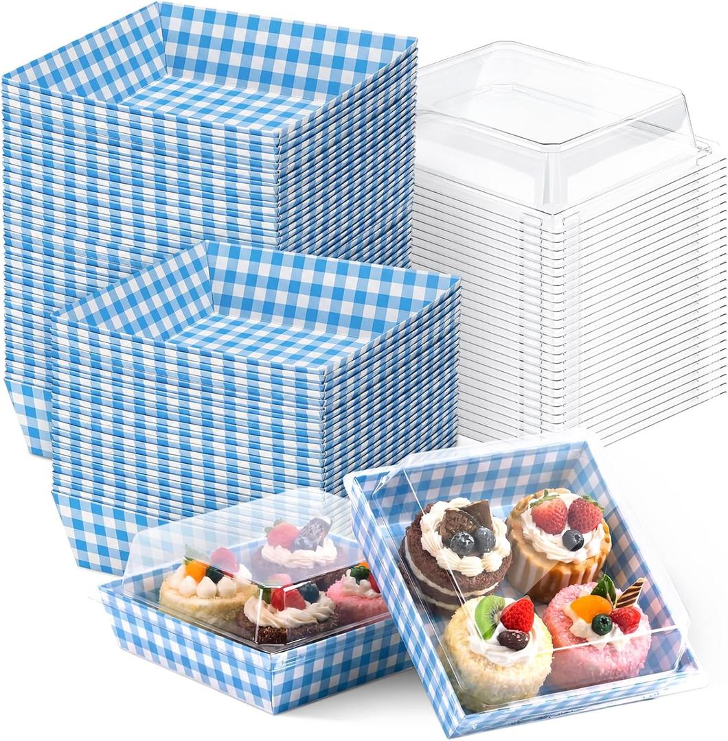 Potchen 50 Pack Blue & White Plaid Charcuterie Boxes with Clear Lids Boxes with Window for Cookies, Candy, and Mini Cakes  Ideal for Gift Giving & Bakery Packaging
