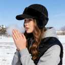 Blocking Knitted Hats with Ear Flaps and Wool Brim, Outdoor Warm Fleece Lined Knit Hat Stocking Caps for Men Women