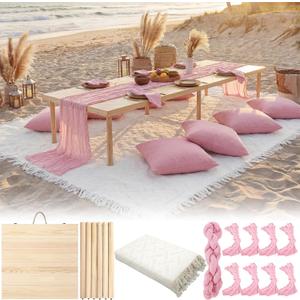 Novabright Boho Picnic Kit 30'' x 60'' Folding Picnic Table 118" x 71" Extra Large Outdoor Boho Blanket with Pink Table Runner and 8 Napkins for Camping Wedding Birthday Baby Shower Party Decor, 60 x 30 x 13 inches
