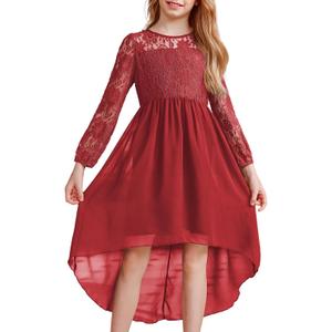 blibean Girls Long Sleeve Fall Dresses 2025 Flower Girl Lace Formal Wedding Party Dress Size 6-15 Years (Red)