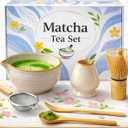 Matcha Set, 7-Piece Japanese Matcha Kit with Ceramic Bowl, Bamboo Whisk, Ceramic Whisk Holder, Stainless Steel Sifter, Chashaku Scoop, Bamboo Spoon and Tea Towel
