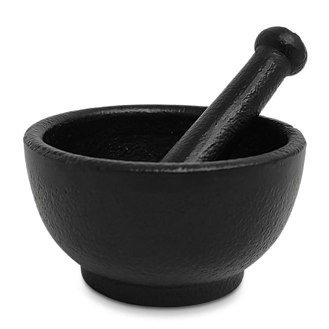 New Age Imports, Inc. Cast Iron Mortar & Pestle Set 3.5 Inch, Heavy Duty, Black