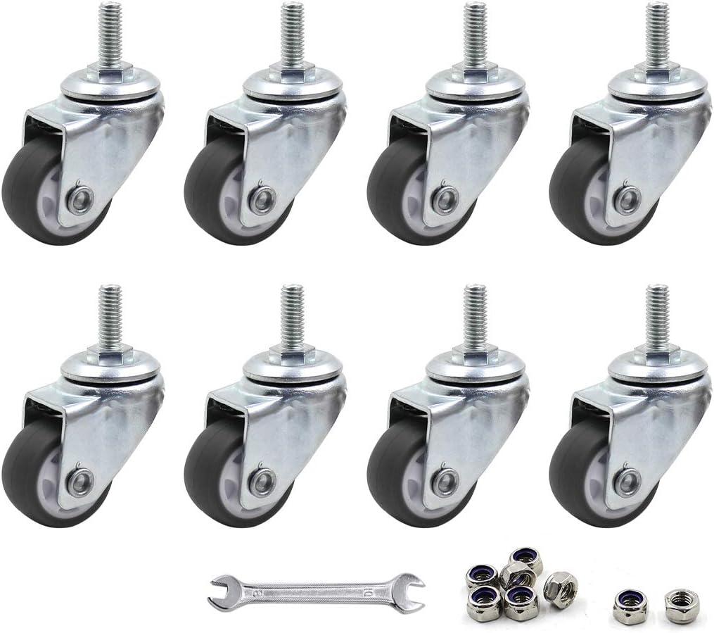 Luomorgo 8 Pcs 1" Caster Wheels Swivel Stem Casters for Small Tiny Shopping Cart Trolley Wheel, No Noise TPE M6 x 15mm Threaded Stem Caster, 141lb/64kg Load Capacity (With wrench)