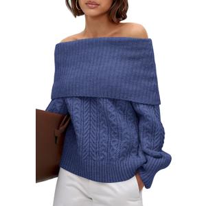 MASCOMODA Womens Sweaters Off The Shoulder Long Sleeve Cable Knit Sweater Loose Chunky Pullover Dressy Work Tops Fall Fashion (S)
