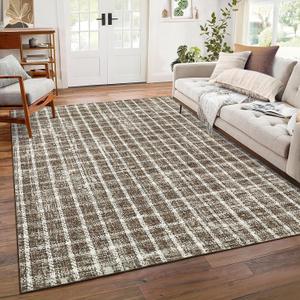 ROYHOME Checkered 8x10 Rug for Living Room Tan Brown Braided Geometric Print Soft Low-Pile Thin Large Washable Rugs for Bedroom for Dining Room
