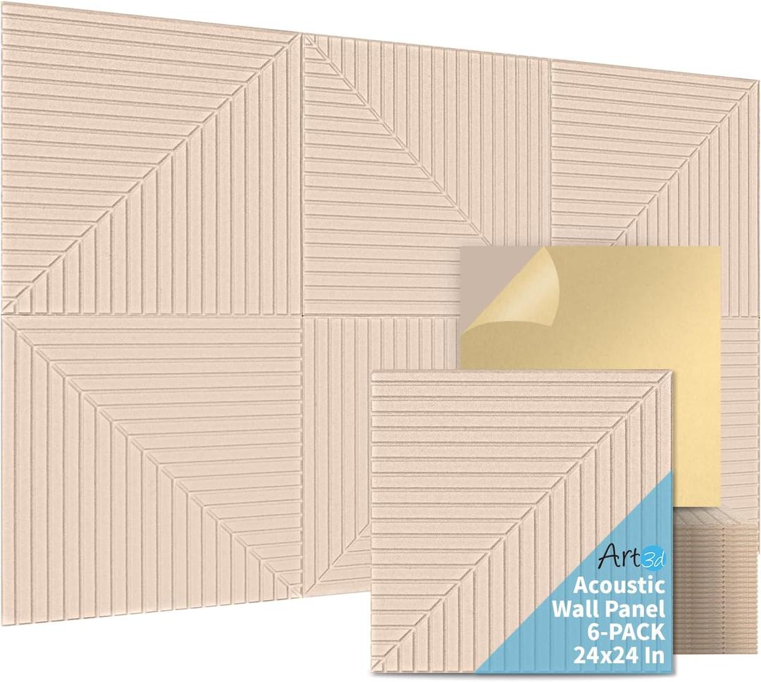 Art3d 6-Pack Self-Adhesive Acoustic Wall Panels for Home Dcor, 24 x 24 Inch Soundproofing Panels for Office Studio Bedroom - High Noise Absorption Polyester Fiber, Camel