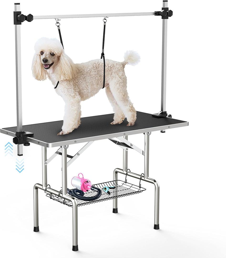 Lyromix 46''Large Dog Grooming Table, Adjustable Cat Drying Desktop with Arms, Nooses, Mesh Tray, Foldable Pet Station at Home, Maximum Capacity Up to 330Lb, 46inch, Black