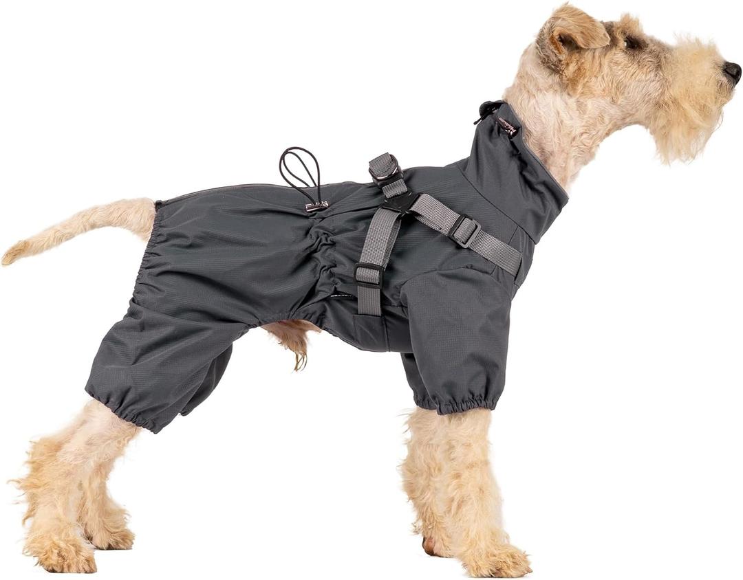 Mile High Life Waterproof Dog Raincoat, Full Coverage Small Dog Rain Coat with Harness, Adjustable 4 Legs Puppy Rain Jacket with Reflective Strip and Elastic Cuffs (Gray, L Back Length 16.1") 