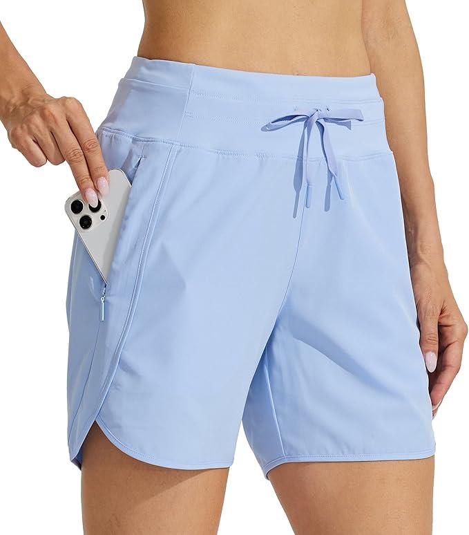 Willit Women's 5" Workout Shorts Athletic Running Shorts High Waisted with Zipper Pocket Gym Quick Dry Hiking Sports Light Blue S