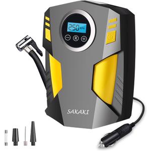 Tire Inflator Portable Air Compressor Car Tire Pump with 3 Nozzle Adaptors and Digital LED Light DC 12V Electric Car Air Pump for Car Tires and Other Inflatables Yellow