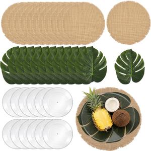 48 Pcs Palm Leaf Placemat Plate Set Tropical Party Decor Luau Havana Night Artificial Monstera Tree Round Burlap Tablemat Name Card Dinnerware for Summer Hawaiian Jungle Wedding Birthday
