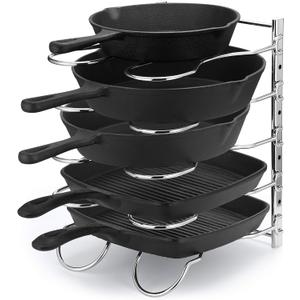 CAXXA Heavy Duty Pan Rack, Pot Lid Rack, Kitchen Cabinet Pantry Cookware Organizer Rack Holder with 5 Adjustable Dividers, Chrome