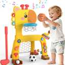 4-IN-1 Toddler Golf Ring Toss Basketball Hoop & Soccer Goal Sport Toys for 1-3 Year Olds, Baby Activity Center with Lights Bilingual Music & Vol Ctrl Gift for Boys Girls(H 24.4"-27.5") (Yellow)