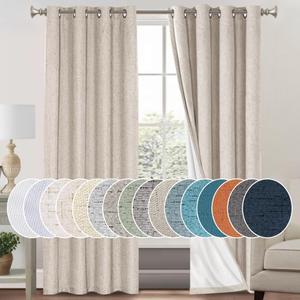 PrinceDeco Natural Linen Curtains 100% Blackout Linen Curtains for Bedroom Full Blackout Curtains 84 Inches Long Living Room Thermal Insulated Light Blocking Curtain Drapes White Backing, 2 Panels, Size: 52"W x 84"L 