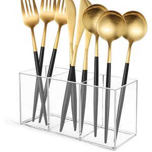 Vowcarol Acrylic Silverware Caddy Cutlery Storage Organizer Bin Clear 3 Compartments Tableware Storage Box for Kitchen Countertop, Knife Spoon and Fork Holder
