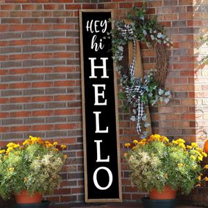 Welcome Sign For Front Porch Standing 45"X9" Hey Hi Hello Outdoor Large Long Vertical Tall Wood Framed Outside Front Door Sign Home Decoration (Wood Black)