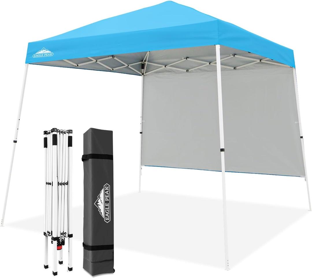 EAGLE PEAK 10x10 Pop Up Canopy Tent with Sidewall, Compact, Portable Slant Leg Instant Sun Shelter for Beach, Sports, & Camping, 10x10 Base 8x8 Top, Light Blue