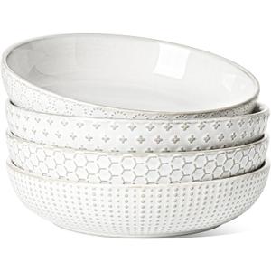 LE TAUCI Pasta Bowl 36 oz, Salad Bowl Serving Plate Bowls, Housewarming Wedding Present, Ceramic Embossment Bowl for Pasta, Fruits, Salad, Noodle, Dinner - 8 Inch, Set of 4, Arctic White