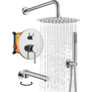 Boyel Living Shower Faucet Set with Tub Spout 10 Inches Round Rain Shower Head, Chrome 3-Function Wall Mount High Pressure Bath Tub Faucet Set with Rough-in Valve
