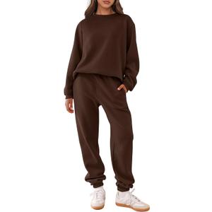 ANRABESS Women's Two Piece Outfits Sweatsuit Lounge Set Long Sleeve Crewneck Sweatshirt Jogger Pants Tracksuit 2025 Fall Sets (Drek Coffee)