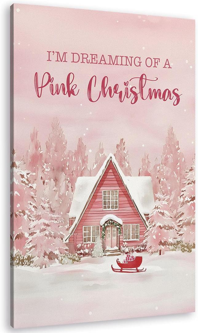 TLESKE Pink Winter Christmas Wall Art Decor, I'm Dreaming of a Pink Christmas Canvas Wall Art Print for Teen Girl Dorm Bedroom Living Room, Snowy Woodland House Wall Artwork Picture, 16x24