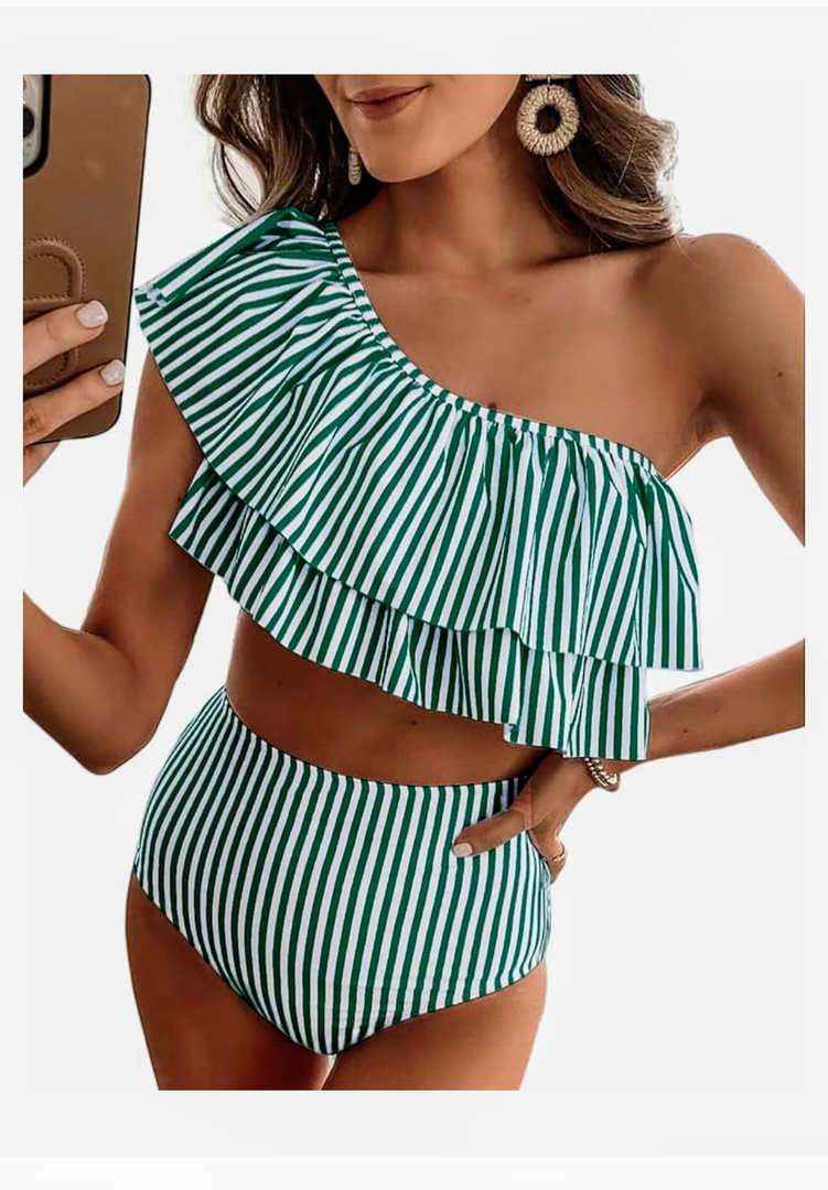 VIMPUNEC Ruffle One Shoulder Swimsuits for Women Striped High Waisted Two Piece Bathing Suits, Size M