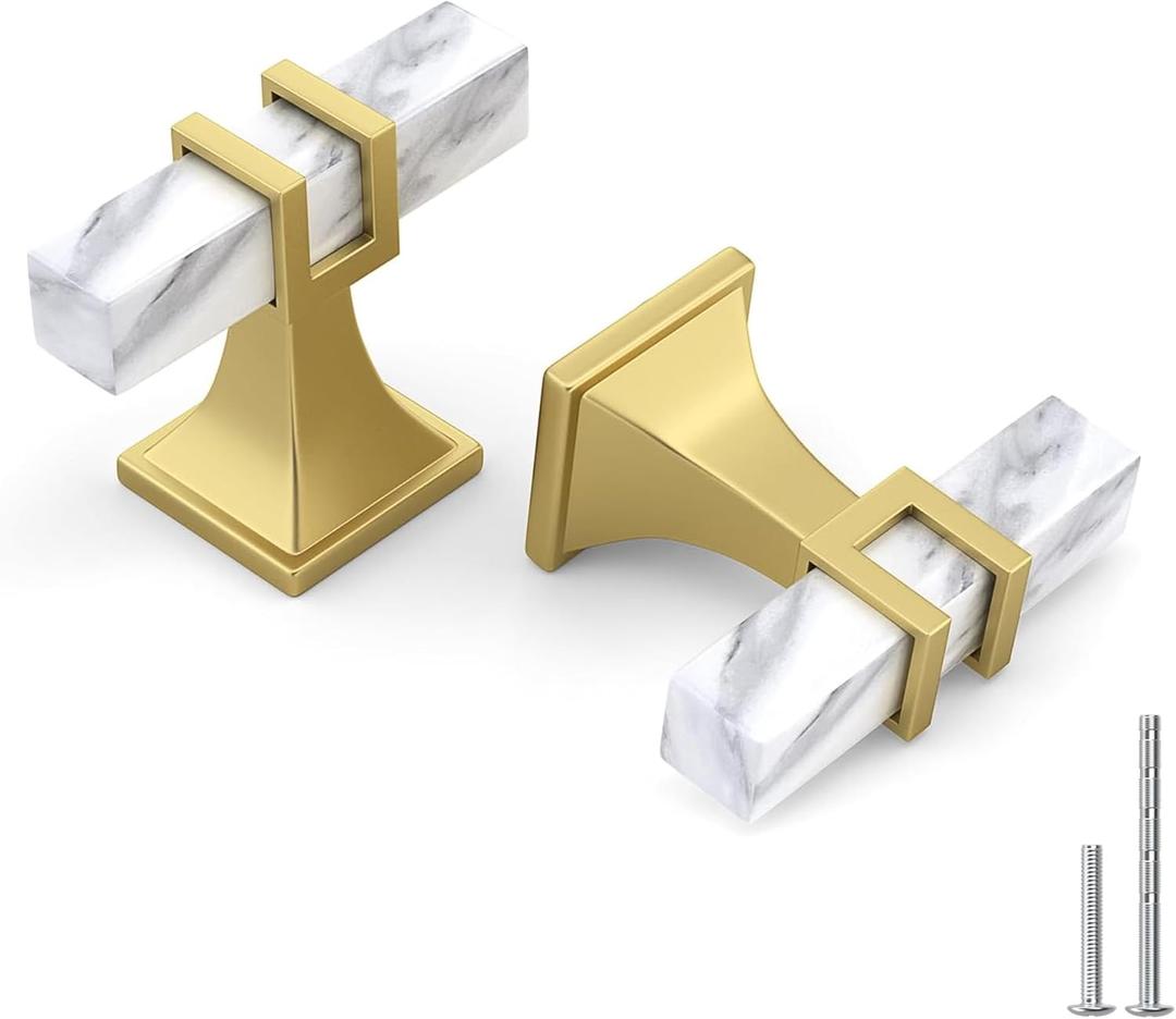 Haliwu 10 Pack White Marble Grain Cabinet Knobs, 2 Tone T-bar Gold Kitchen Handles, Solid Square Dresser and Drawer Pulls