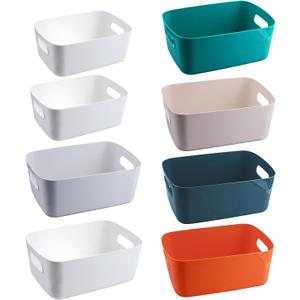 8 PCS Plastic Storage Bins and Small Storage Baskets for Cclassroom Organization, Bathroom Organization, Tub Toy Storage, Kitchen and Bedroom (6M+ 2S)