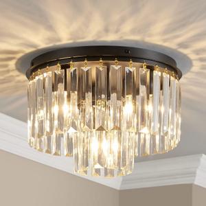 AGV LIGHTING Crystal Ceiling Light Fixture, Modern Semi Flush Ceiling Light, D12 x H8, E12 Base 3-Lights, Black Finish