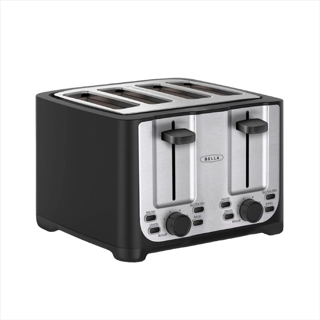 BELLA 4 Slice Toaster with Auto Shut Off - Extra Wide Slots & Removable Crumb Tray and Cancel, Defrost & Reheat Function - Toast Bread & Bagel, Black