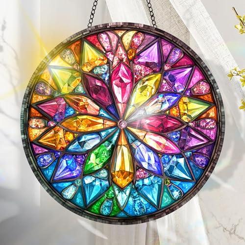Colorful Acrylic Suncatcher, Flower Hanging Window Decor with Printed Stained Glass Style Design Sun Catcher, Rainbow Maker Wall Art, Gift Idea & Garden Ornament Indoor Outdoor Use 7.8 x 7.8 inch