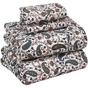 RUVANTI 100% Cotton Queen Size Bed Sheets, 4 Pieces, Soft & Breathable Percale Weave Bedding, Deep Pocket 16", Hotel Standard, Crisp Cool Feel, Durable, Perfect Sheet Set Floral, Teal Paisley