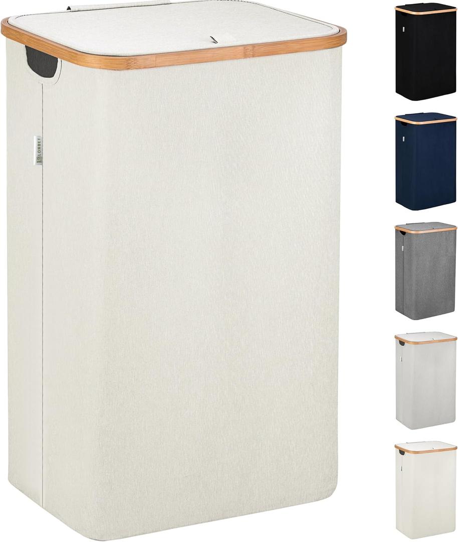 LONBET Laundry Basket with Lid, Made from Breathable Fabric | Aesthetic Clothes Hampers for Laundry with Side Handles & Sturdy Bamboo Frame (26 Gallons - Single, Beige)
