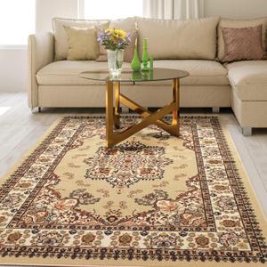 Antep Rugs Alfombras Oriental Traditional 5x7 Non-Skid (Non-Slip) Low Profile Pile Rubber Backing Indoor Area Rugs (Beige, 5' x 7')