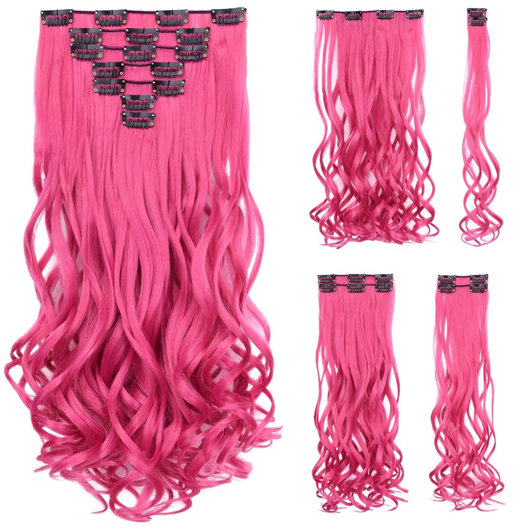 SYXLCYGG Dark Pink Hair Extensions Clip Hair Extension 18" Wavy Synthetic Hair Piece Women Cheap Natural Fluffy&Not Tangled Girl colorful Full Head