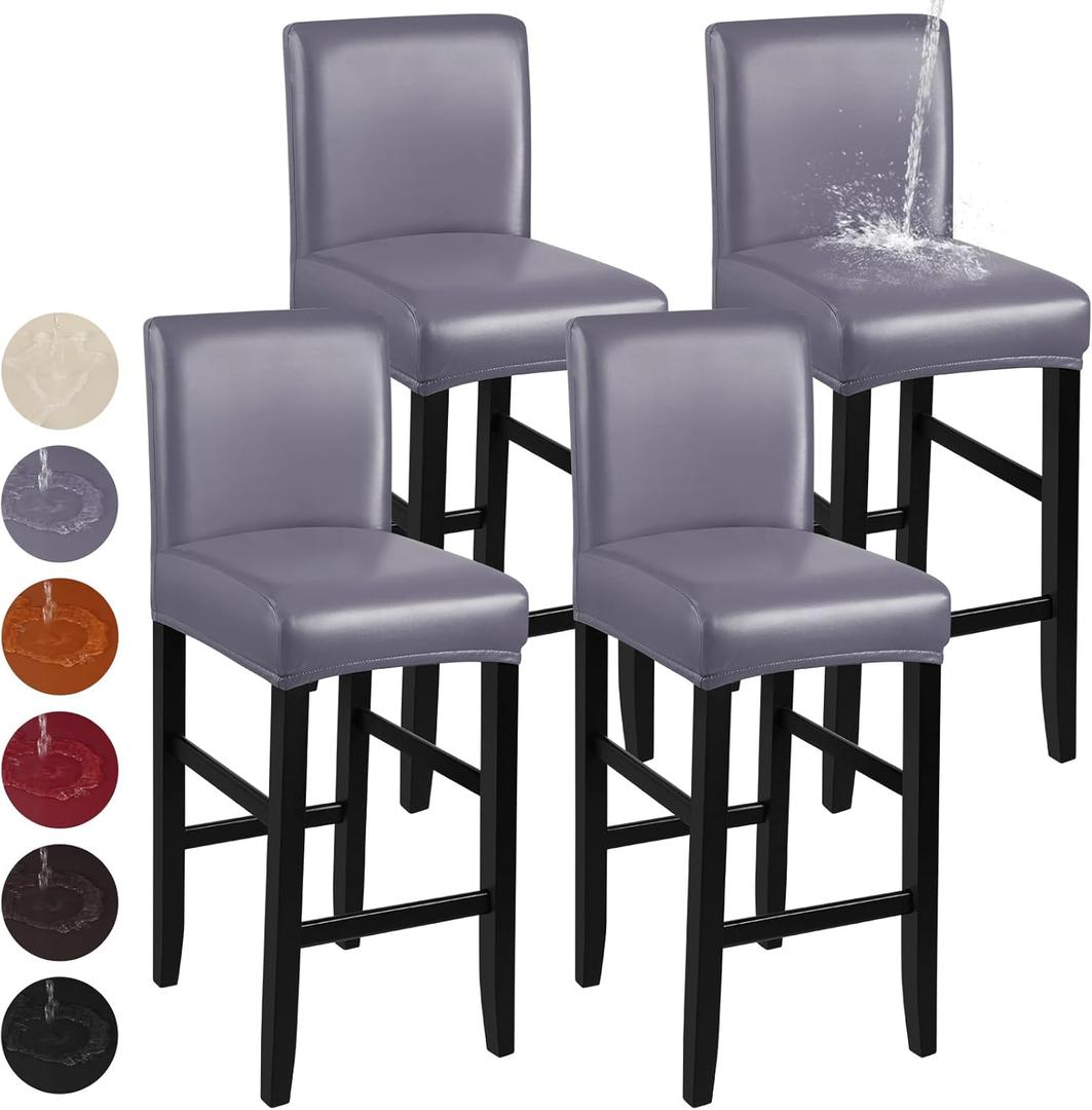 Bar Stool Covers, Stretch Waterproof PU Bar Stool Slipcover Removable Washable Bar Stool Chair Covers, High Chair Cover with Elastic Bands (4 Pack, Grey)